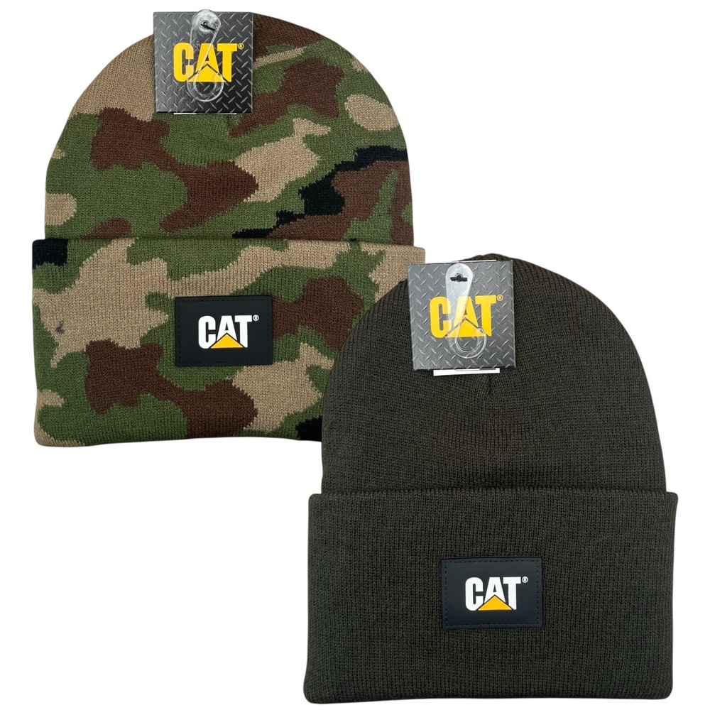 Caterpillar Mens CAT Label Cuff Beanies Army Moss- Woodland Camo One Sz Knit Hat